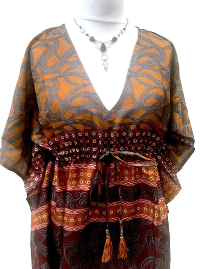 Festival Stall LTD Boho festival Clothing Boho hippy, festival, BROWN ORANGE Sari Silk, Long Tunic, Kaftan Top, Cover up, dress, one size