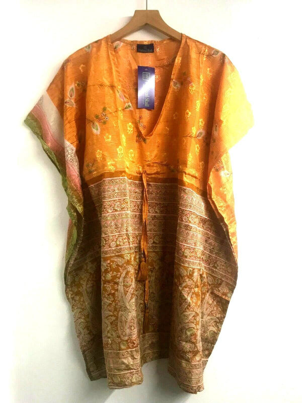 Festival Stall LTD Boho festival Clothing Boho hippy Festival Orange Sari Silk long tunic kaftan top cover up ONE SIZE