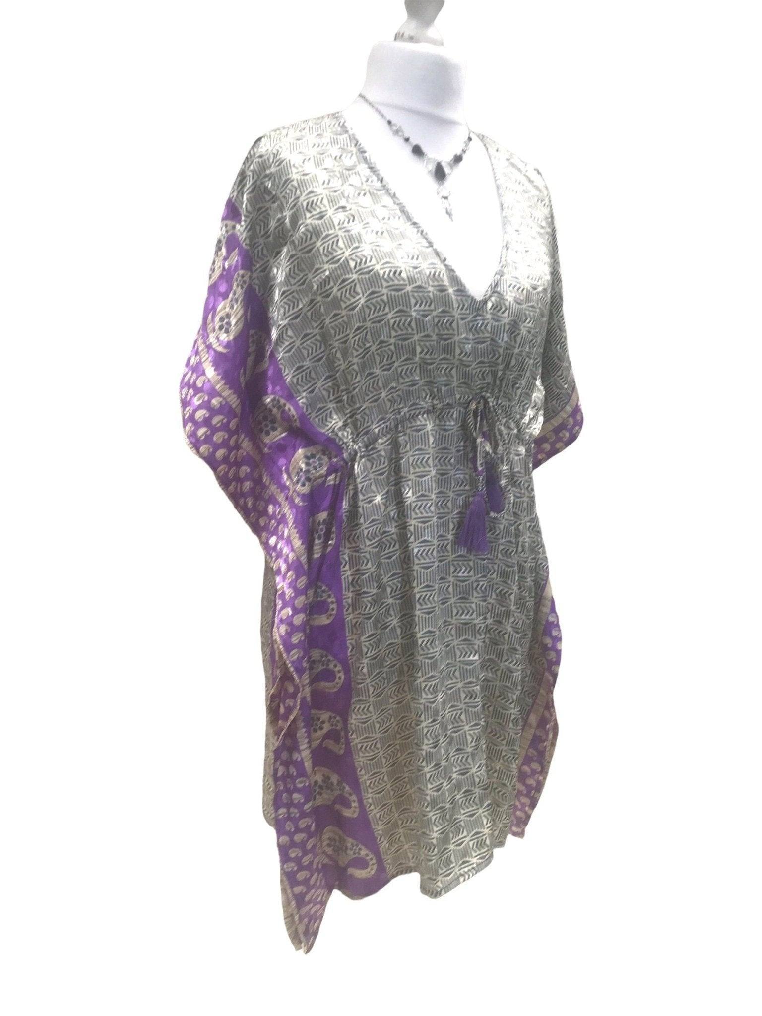 Festival Stall LTD Boho festival Clothing Boho hippy, festival, PURPLE Sari Silk, Long Tunic, Kaftan Top, Cover up, dress, one size