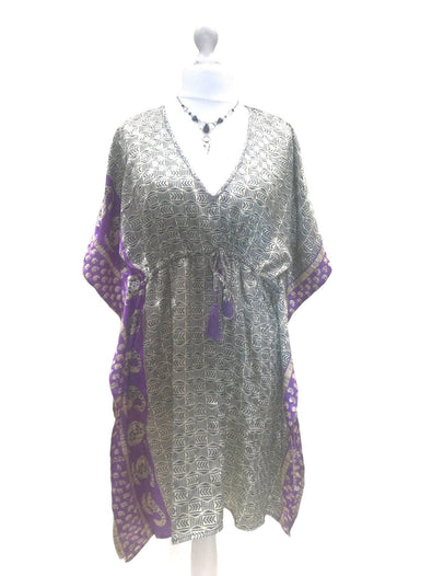 Festival Stall LTD Boho festival Clothing Boho hippy, festival, PURPLE Sari Silk, Long Tunic, Kaftan Top, Cover up, dress, one size