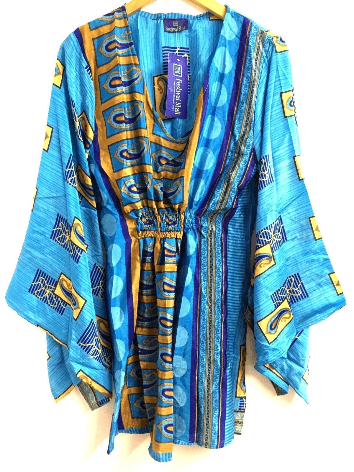 Festival Stall LTD Boho festival Clothing Boho hippy festival sari silk KAFTAN tunic top blouse cover up UK 10 12 14 16 18