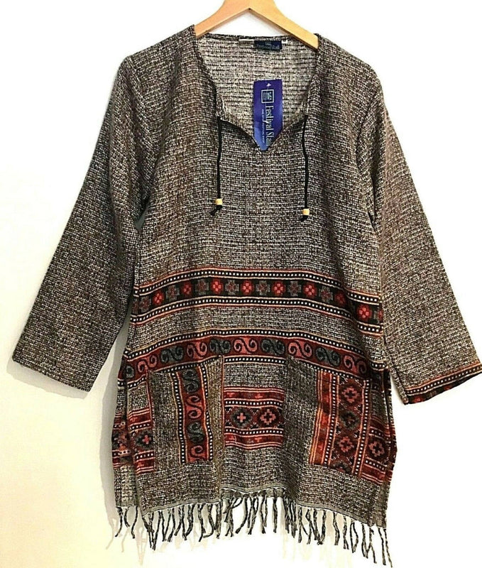 Festival Stall LTD Boho festival Clothing Boho, hippy, festival style, long length, woven tunic, pullover, brown, warm, casual, top, ethnic uk 8 10 12 14 us 4 6 10 12