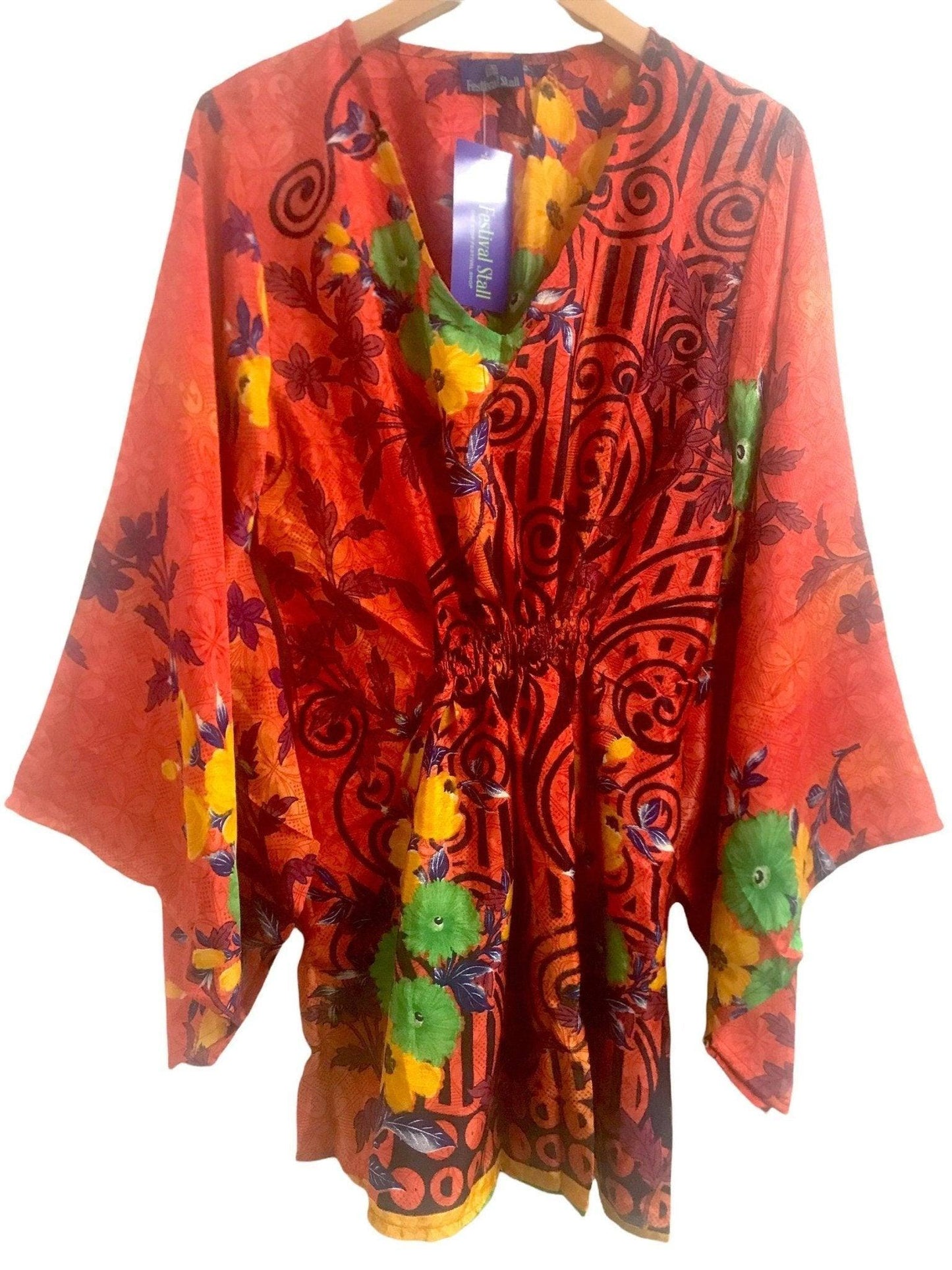 Festival Stall LTD Boho festival Clothing Boho hippy festival style, ORANGE sari silk, Kaftan tunic top, blouse, beach cover up, short dress UK 10 12 14 16 18 US 6 8 10 12 14