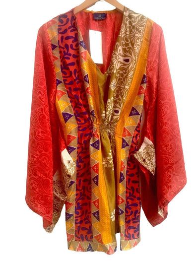 Festival Stall LTD Boho festival Clothing Boho hippy festival style, ORANGE sari silk, Kaftan tunic top, blouse, beach cover up, short dress UK 10 12 14 16 18 US 6 8 10 12 14