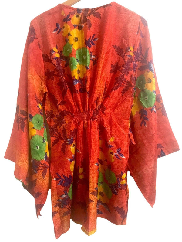 Festival Stall LTD Boho festival Clothing Boho hippy festival style, ORANGE sari silk, Kaftan tunic top, blouse, beach cover up, short dress UK 10 12 14 16 18 US 6 8 10 12 14