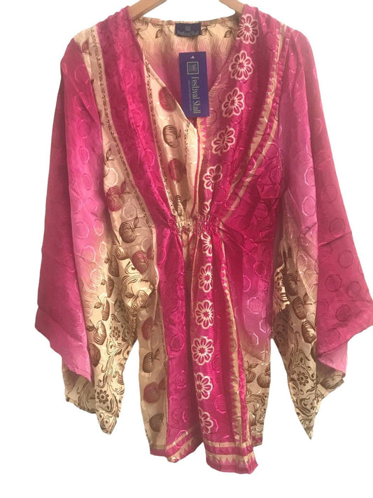 Festival Stall LTD Boho festival Clothing Boho hippy festival style, PINK sari silk, Kaftan tunic top, blouse, beach cover up, short dress UK 10 12 14 16 18 US 6 8 10 12 14