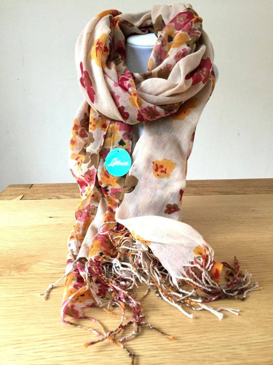 Festival Stall LTD Boho festival Clothing Boho hippy FLORAL beige cotton tassel LETTUCE OF LONDON scarf wrap pashmina gift