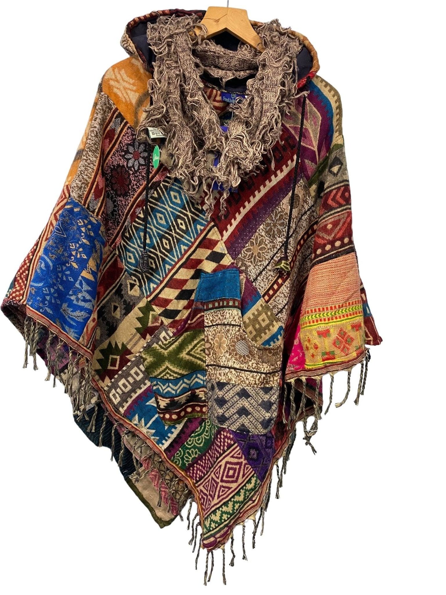 Festival Stall LTD Boho festival Clothing Boho hippy goth funky shaggy beige brown knit scarf wrap pashmina present gift