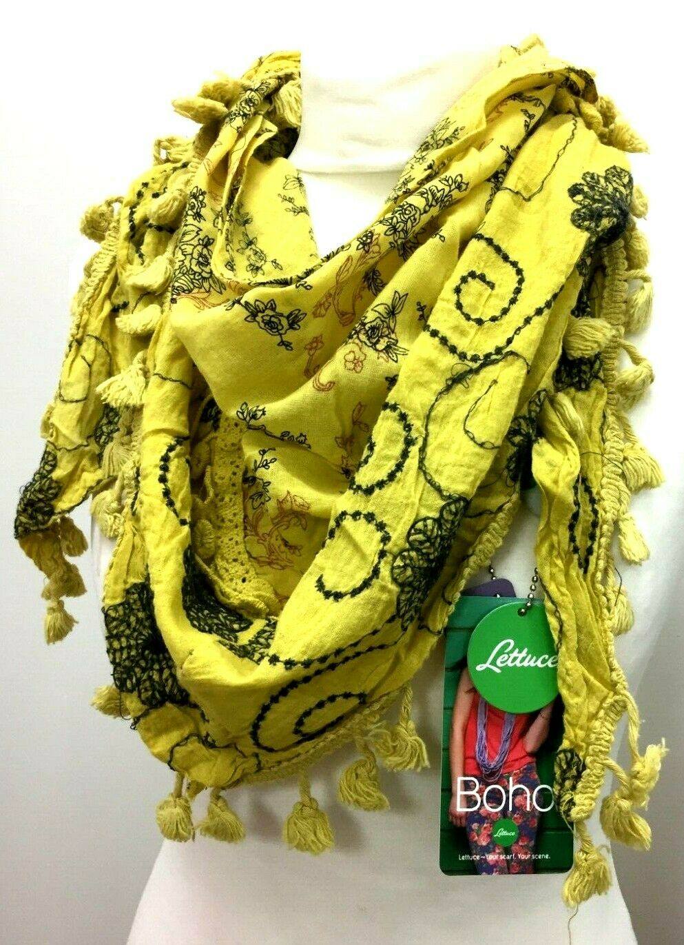 Festival Stall LTD Boho festival Clothing Boho hippy goth YELLOW pretty tassel LETTUCE OF LONDON scarf wrap gift present