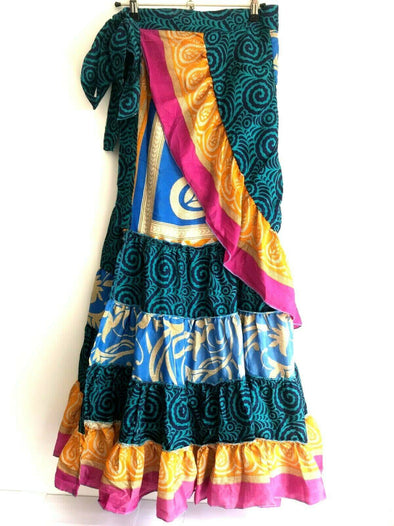 Festival Stall LTD Boho festival Clothing Boho hippy gypsy Festival Sari Silk Wrap LONG frilled MAXI SKIRT One Size 8-18