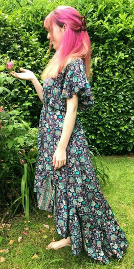 Festival Stall LTD Boho festival Clothing Boho hippy pixie Festival 100% SILK LONG DARK BLUE summer sun MAXI Dress UK 8-14