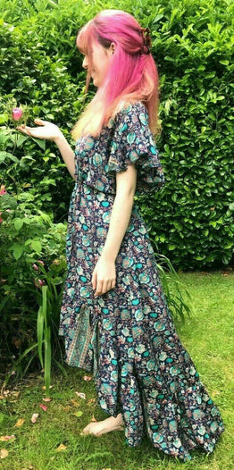 Festival Stall LTD Boho festival Clothing Boho hippy pixie Festival 100% SILK LONG DARK BLUE summer sun MAXI Dress UK 8-14