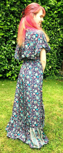 Festival Stall LTD Boho festival Clothing Boho hippy pixie Festival 100% SILK LONG DARK BLUE summer sun MAXI Dress UK 8-14