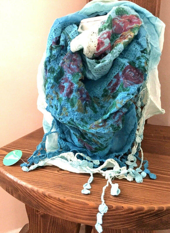 Festival Stall LTD Boho festival Clothing Boho hippy TURQUOISE BLUE pretty lace LETTUCE OF LONDON scarf wrap pashmina gift