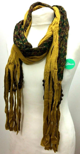 Festival Stall LTD Boho festival Clothing Dual fabric, long length, ivory, mustard yellow, soft warm floral print pretty gift present tassel scarf wrap pashmina