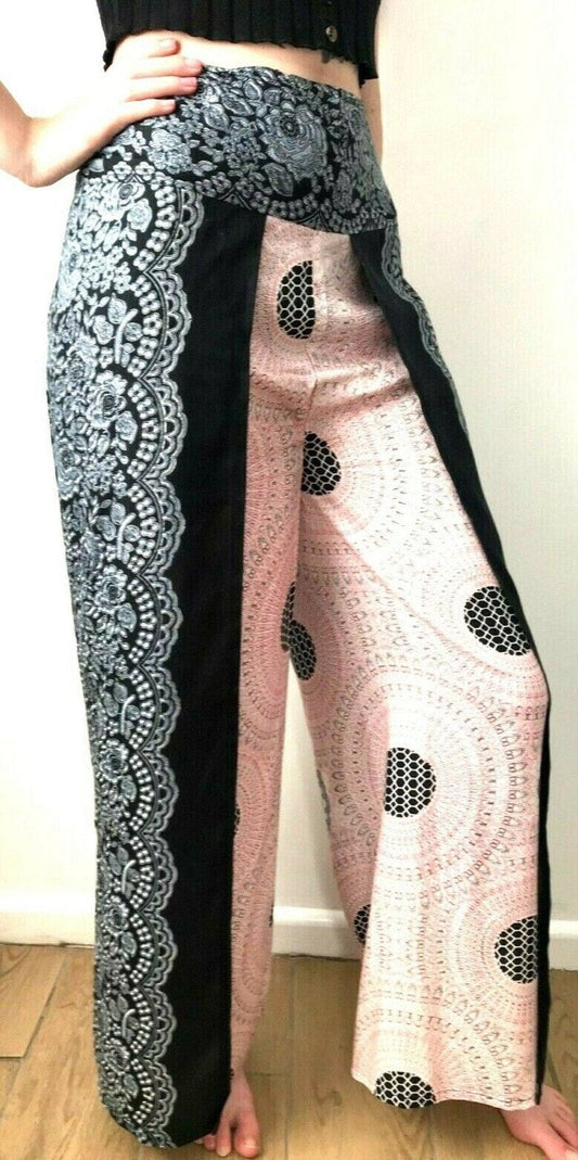 Festival Stall LTD Boho festival Clothing Festival boho hippie, black pink yoga, palazzo, loose fit, casual stretch trousers, wide leg harem pants uk 8 10 12 14 one size us 4 6 8 10