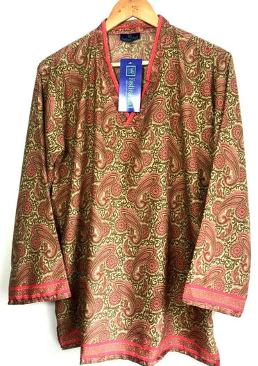 Festival Stall LTD Boho festival Clothing Festival boho hippie, retro ethnic print, pink & beige v-neck, long sleeve, tunic, blouse, top, 100% pure silk uk 8 10 12 14 us 4 6 8 10