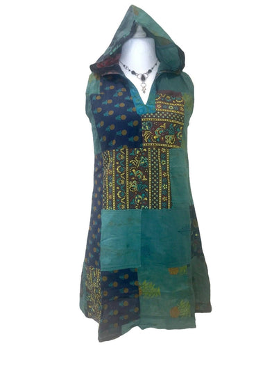 Festival Stall LTD Boho festival Clothing Festival boho hippie short blue patchwork hooded mini tunic dress uk 8 10 12 14