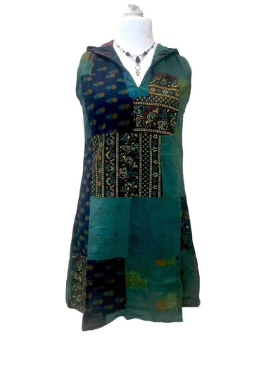 Festival Stall LTD Boho festival Clothing Festival boho hippie short blue patchwork hooded mini tunic dress uk 8 10 12 14