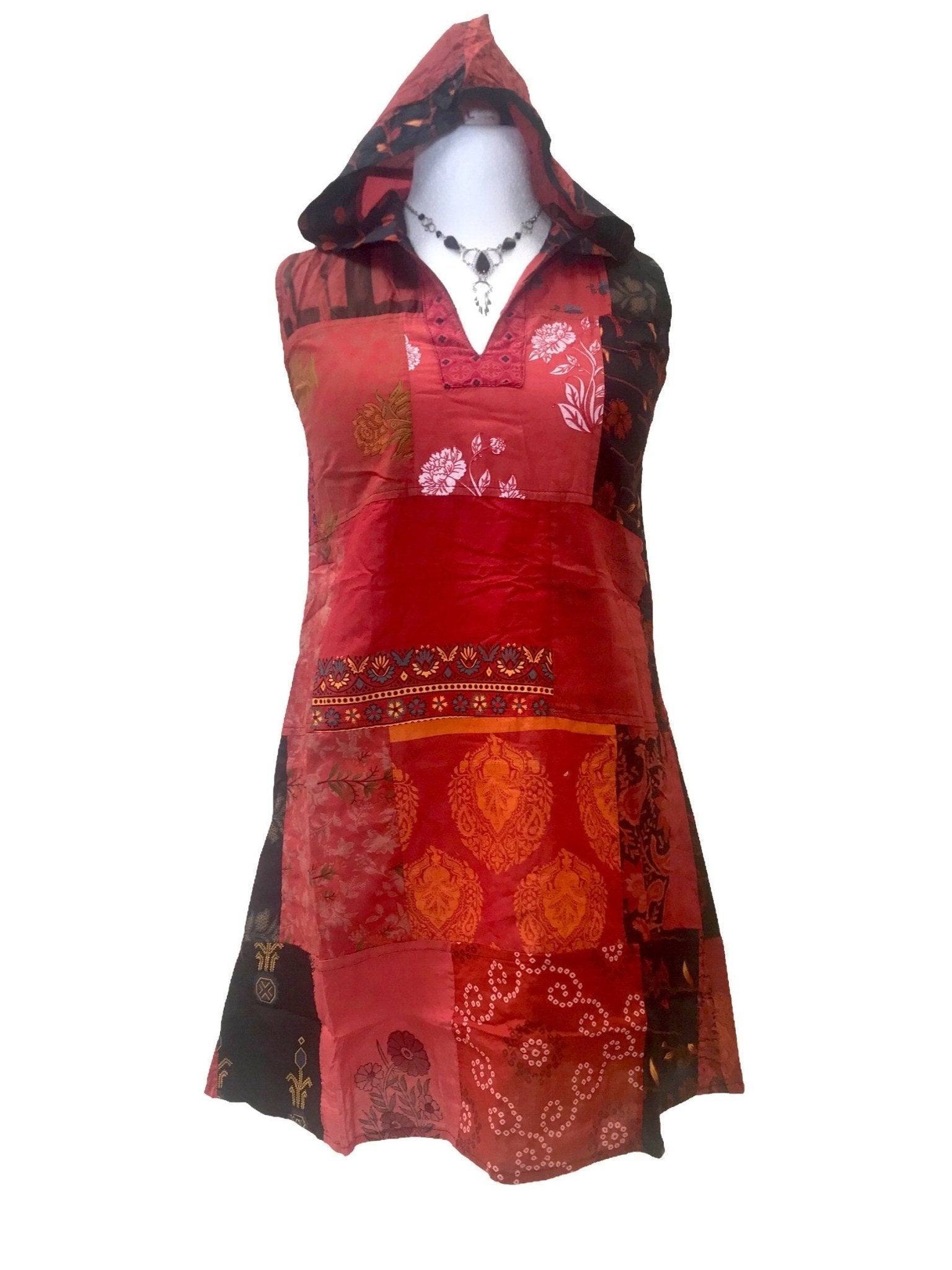 Festival Stall LTD Boho festival Clothing Festival boho hippie short red patchwork hooded mini tunic dress 8 10 12 14