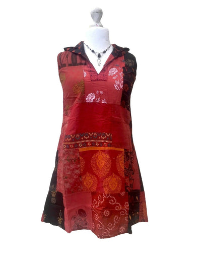 Festival Stall LTD Boho festival Clothing Festival boho hippie short red patchwork hooded mini tunic dress 8 10 12 14