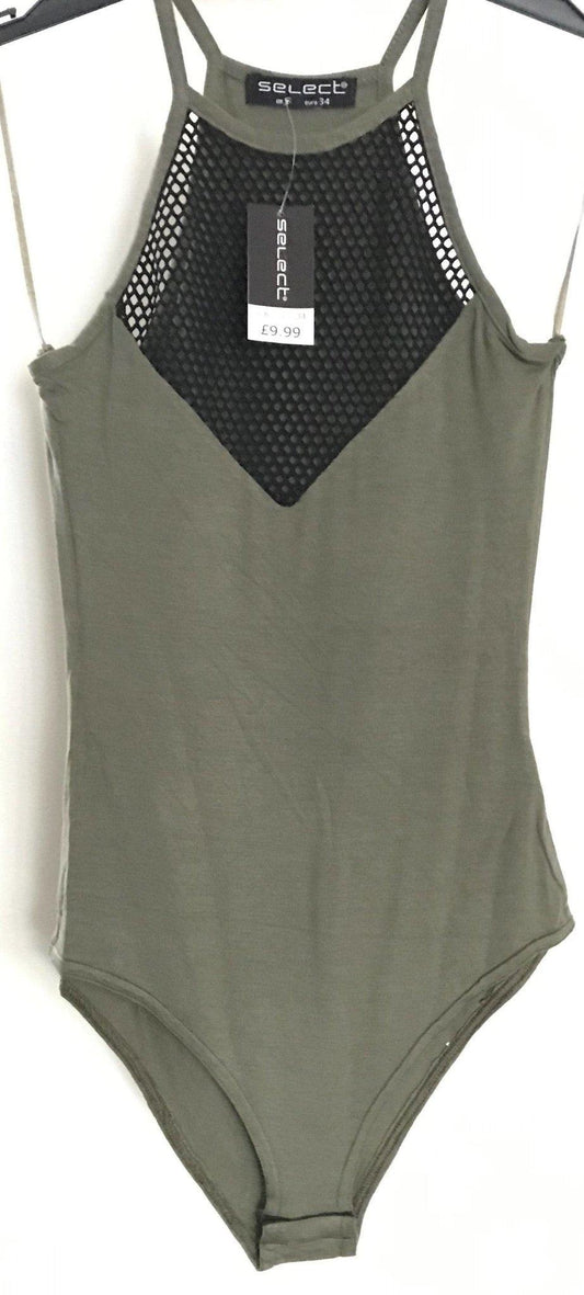 Festival Stall LTD Boho festival Clothing Khaki dark Green sexy Bodysuit body top mesh insert UK 6, 8, 10, 12, 14