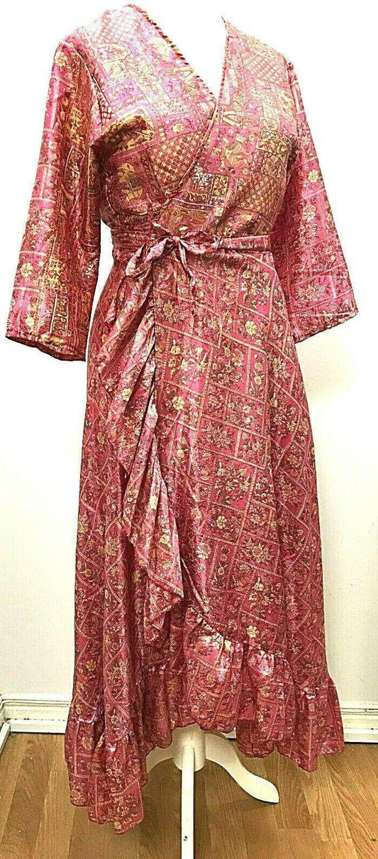 Festival Stall LTD Boho festival Clothing LONG PINK SARI SILK pretty wrap dress HIPPY BOHO FESTIVAL summer UK 8 10 12 14