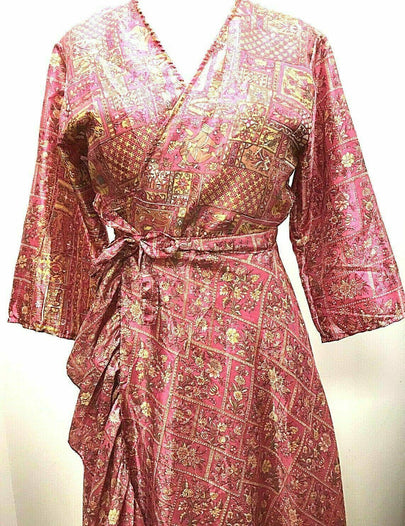 Festival Stall LTD Boho festival Clothing LONG PINK SARI SILK pretty wrap dress HIPPY BOHO FESTIVAL summer UK 8 10 12 14