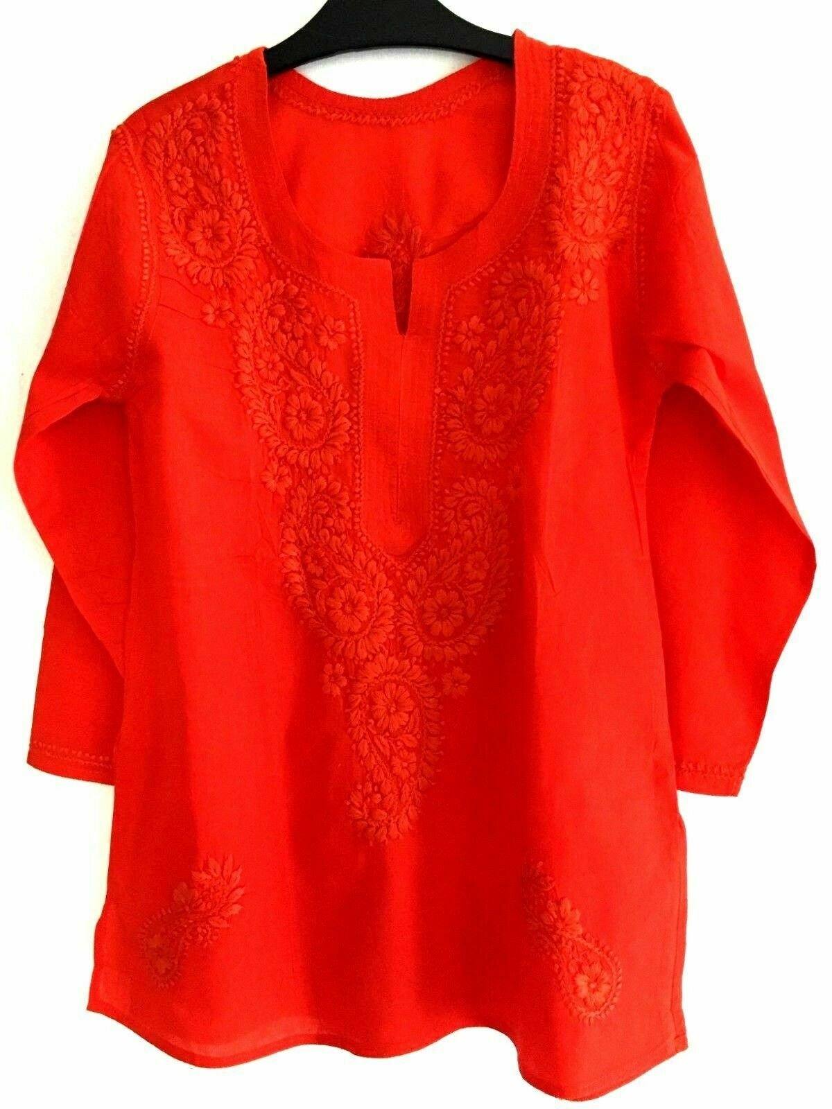 Festival Stall LTD Boho festival Clothing Red embroidered cotton hippy boho long sleeve summer tunic top blouse 6 8 10 12